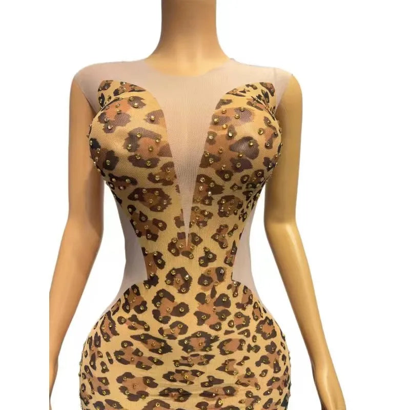 Sexy Luxury Stage Gold Rhinestones Leopard Transparent Sleeveless Dress Birthday Celebrate Outfit Prom Women Singer Photo Shoot Dress Fashion Clothing Products