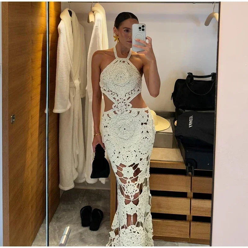 NEW Arrivals S(8) -XL(16-18) UK Size Sexy Handmade Crochet Floral Hollow Out Long Dress Women Halter Backless Lace Up Female Evening Beach Party Dresses Summer Lady Holiday Party Maxi Gown