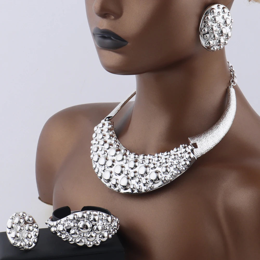 Dubai 24k Gold and Silver Plated Jewelry Set Luxury Women Original Necklace Earrings Pearl Bracelet Ring Bridal Evening Wedding Party Business Dinner Red Carpet Jewelry Luxury Gift for Wife Girlfriend