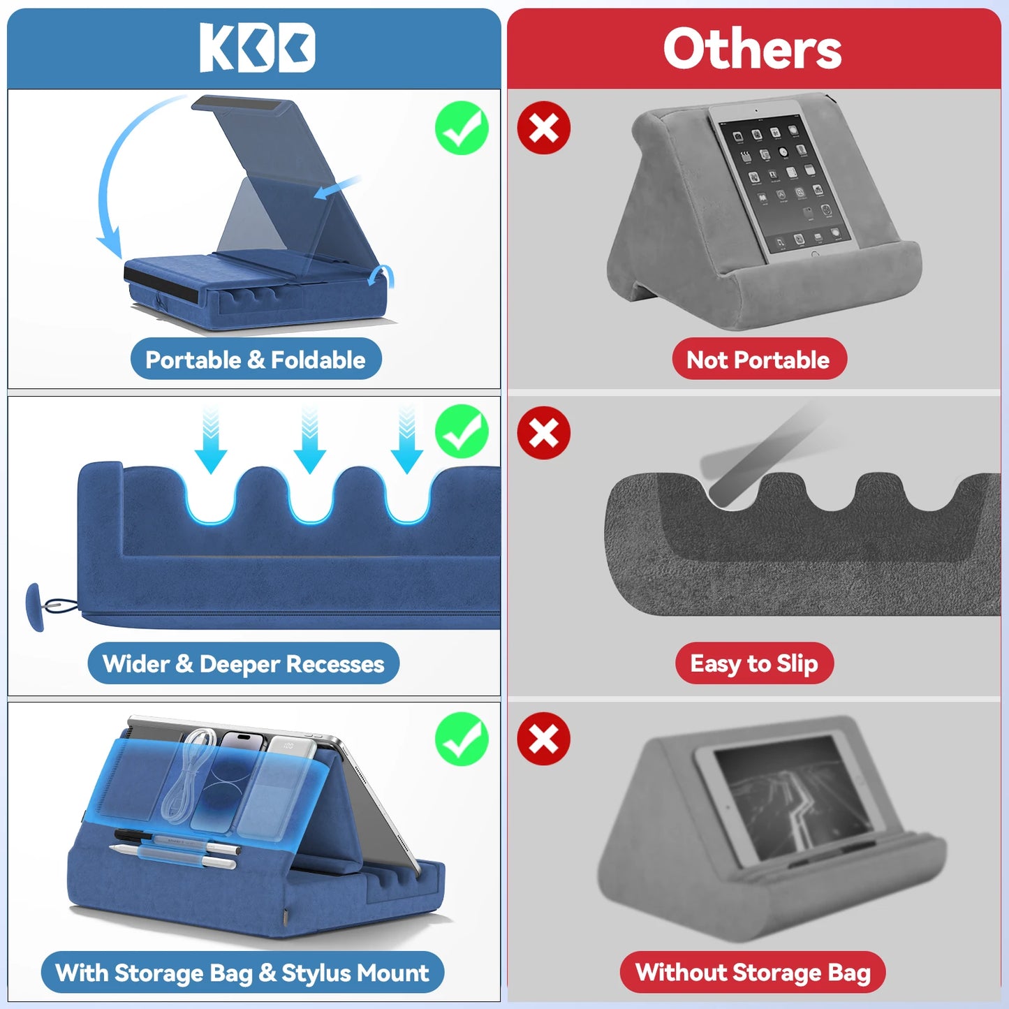 KDD Tablet Pillow Holder Foldable iPad Stand for Laptop Bed and Desk Tablet Soft Pad Dock with Pocket & Stylus Mount For iPad Pro Mac Book Computer Accessories Electronic Supplies