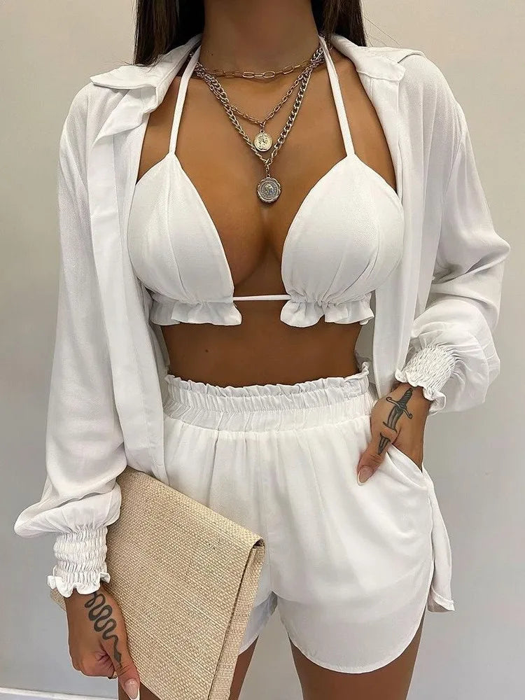 New Women's Sexy Fashion Set Spring/summer Solid Color Print 3-piece Set Beach Casual Coat Shorts Women's 3-piece Set