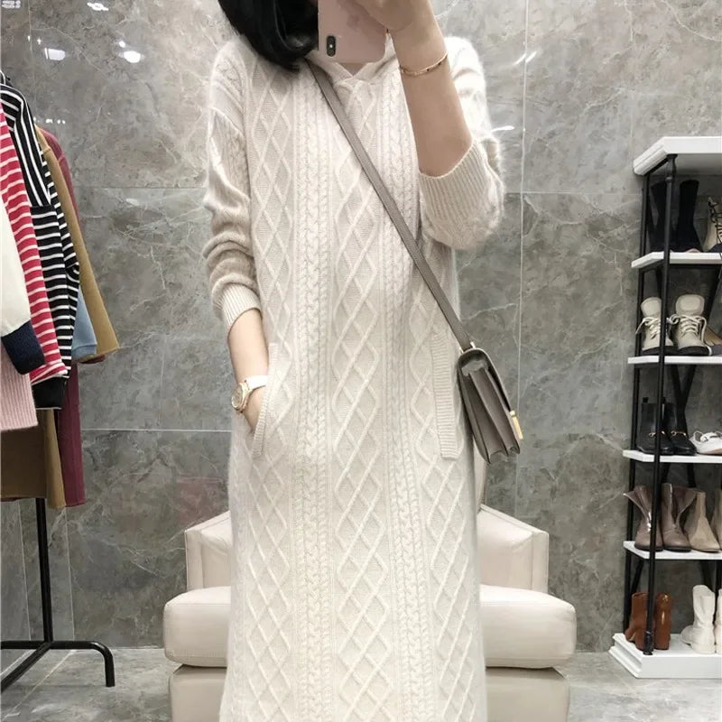 Pure Goat 100% Cashmere S-2XL Size Knee-Length Dress with Hoodie Knitted Bottoming for Autumn And Winter 100% Warm Comfortable Knitwear