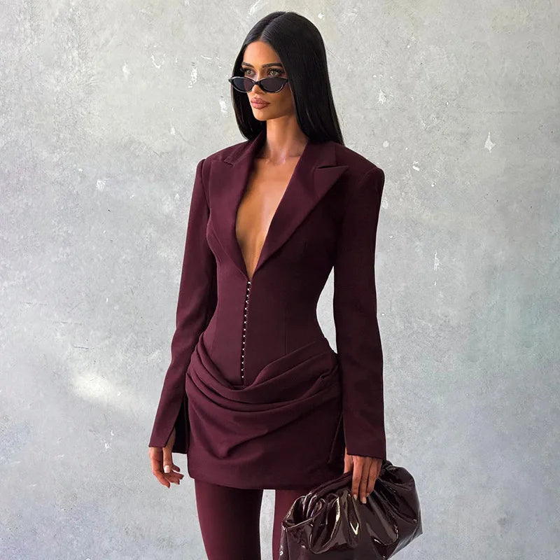 NEW Arrivals UK Size 3 Colors Casual Pleated Sexy Dress Women  Elegant Party Dress Blazer Long Sleeves Bodycon Mini Autumn Winter Dress Vestidos
