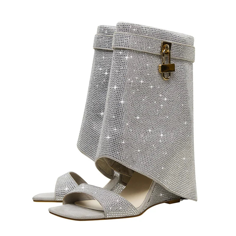 NEW Arrivals 3 Colors Women's Spring and Summer New Fashion Sexy Rhinestone Wedge Heel Middle Sleeve Cool Boots Occidental Banquet Show Shoes