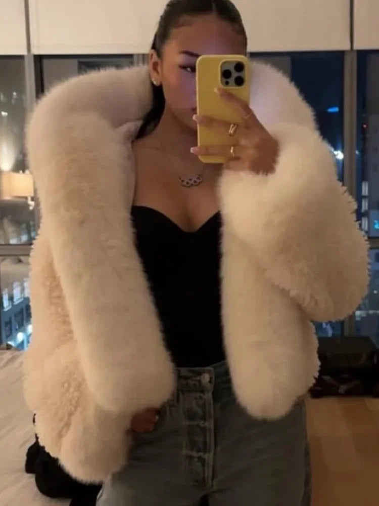 Black/White Color Winter Warm Fur Short Overcoat Women Solid Patchwork Full Sleeve Hooded Loose Thicken Coat Lady Daily Commute Winter Outwear
