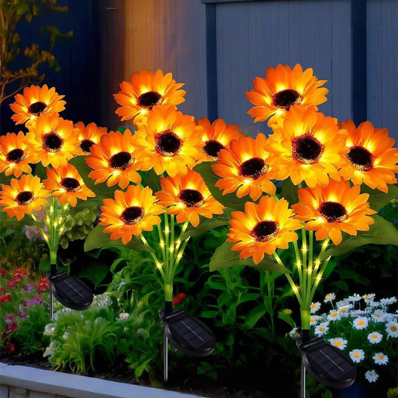 2 PCS Bouquet (12 Heads) Home Villa Solar-Powered Outdoor Decorative Lawn Lights LED Sunflower Decor Pathway Ground Stake Light for Garden Street Patio Balcony Yard