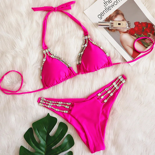 NEW Arrivals Sexy Rose Red/Black S-XL Bikinis Swimsuit With Rhinestones Women Female Swimwear Female Push Up Bikini Beach Swim Wear Bathing Suits Water Pool Bather Girls Ladies Summer Luxury Fashion Apparel Supplies