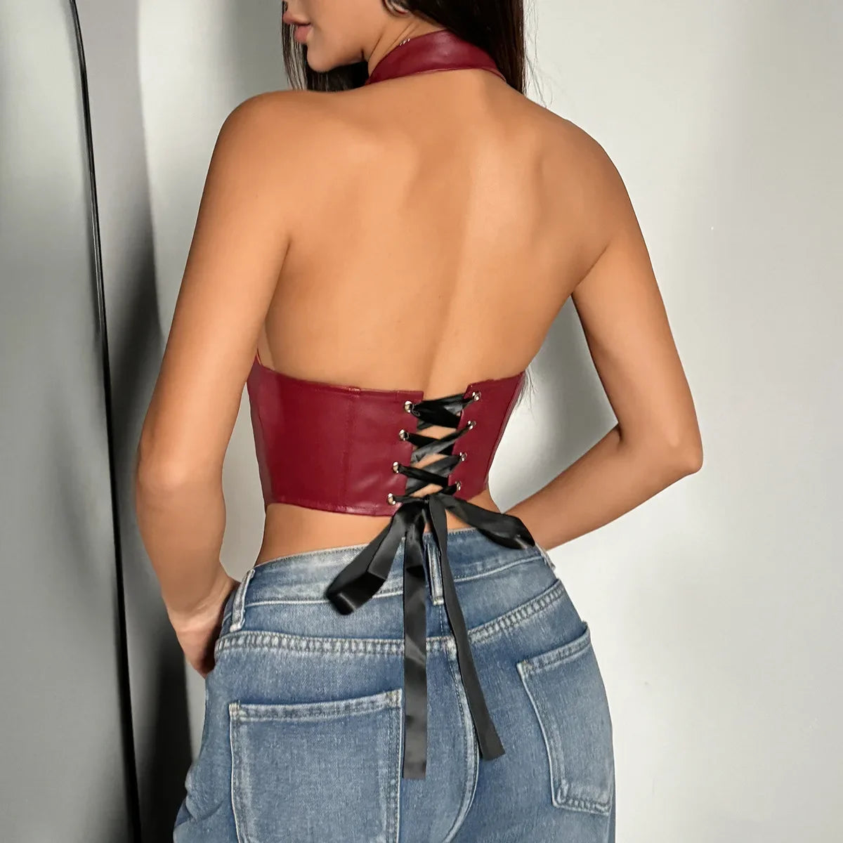 Black/Burgundy/Brown Color Rave Party Night Clubwear Y2K PU Leather Cardigan High Street Vest Bandage Hollow Corset Bustier Women Clothing Fashion Party Tank Tops Cami Sexy Clothes