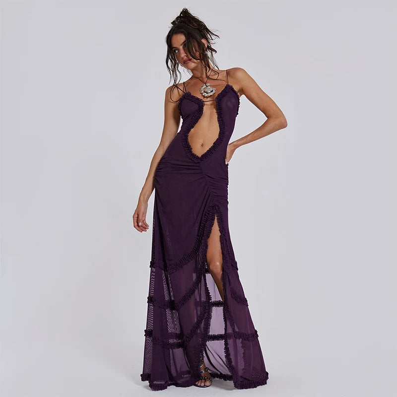Women Noble Furry Halter Sleeveless Hollow Dress Camisole Shrunk Split Wave Cut Dress Luxury Prom Occasion Evening Gown