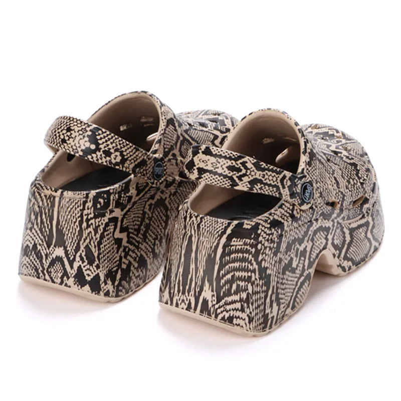 Leopard Thick Bottom Clogs for Women Closed Toe Chunky Platform Sandals Woman Summer Super High Wedge Heel Slippers Female