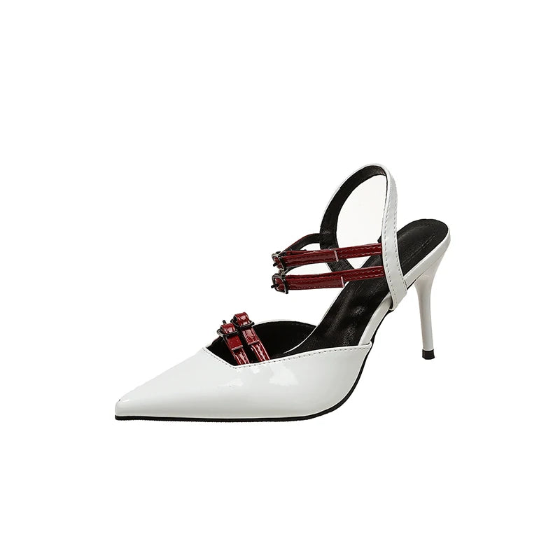 Just Arrived Black/White Color New Solid Color Double Buckle Design Baotou Sandals Women's Spring and Summer Fashion Slingback Temperament Stiletto Shoes