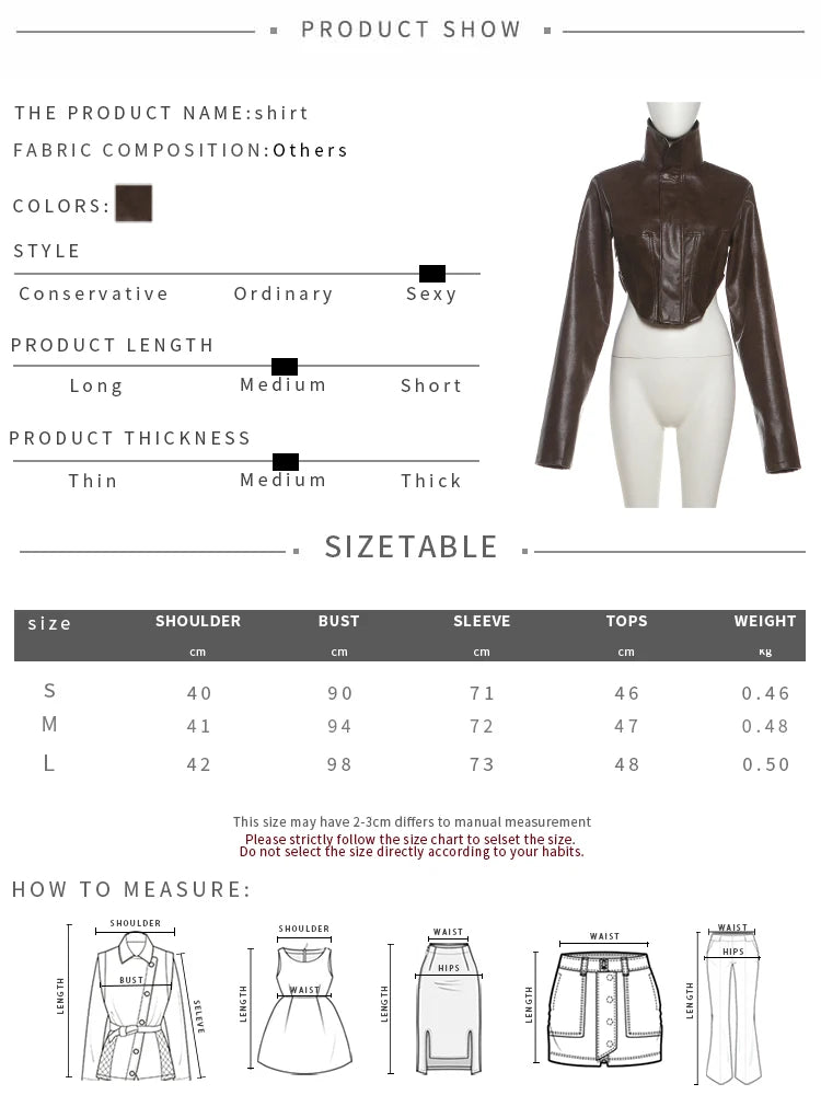 UK Size Brown/Black Color Wild PU Leather Irregular Crop Jacket Women Turtleneck Zip Button Full Sleeve Sexy Hottie Street Midnight Club Hipster Coat