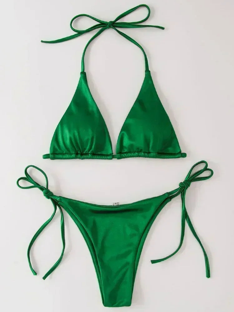 18 Colors UK Size Halter Brazilian Metallic Satin Bikini Women Swimwear Female Swimsuit Two-pieces Bikini Set High Cut Bathing Suit Swim Beachwear