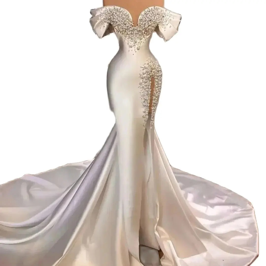 Low-Price Sales are Limited NEW S-3XL White/Ivory Customized Luxury Pearls Mermaid Wedding Dress Off The Shoulder Beaded Split Bridal Gowns Bride Satin Arabic Dubai De Mari Ladies Luxury Fashion Clothing Supplies