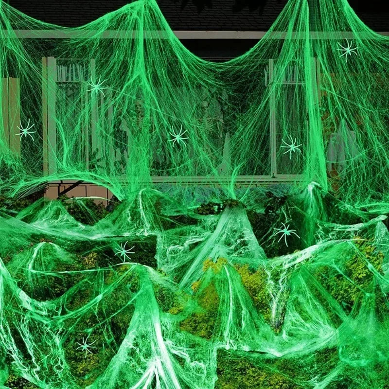 Glow in Dark Spider Webs and Fake Spiders White Stretch Cobwebs Halloween Decorations Outdoor Horror Haunted House Decor Props