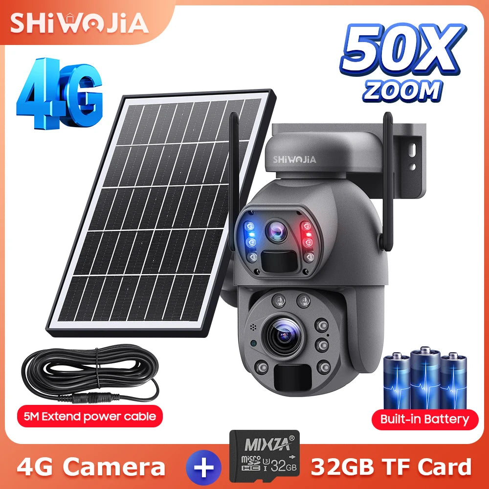 NEW 50X ZOOM 12MP 4G Sim Solar Camera Outdoor 360° Wireless WI-FI Battery Security Cameras Solar Panel PIR Night Vision Recording Home Office Factory Security Systems