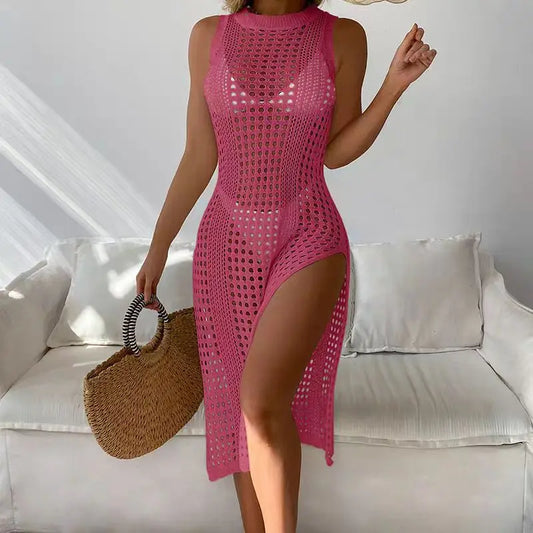 NEW Arrivals Green/Rose Red Women Sexy Hollow Out Crochet Cover Up Swimwear Sleeveless Bikini Dress Smock Split Sexy Beach Knitwear Solid Swimsuit Girls Ladies Sexy Beach Wear Dress