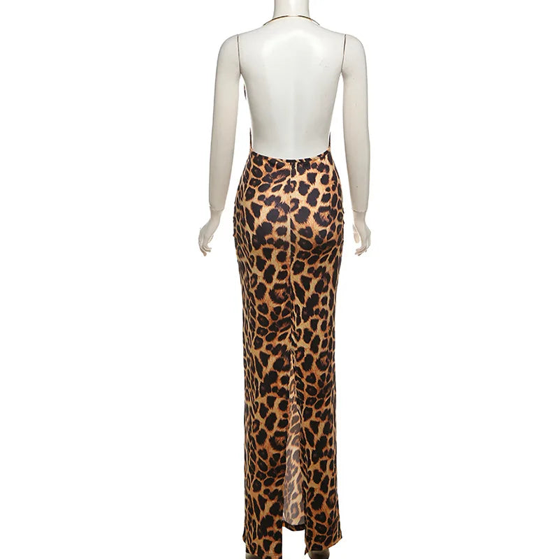 NEW Arrivals UK Size Lady High Street Partywear Women Elegant Leopard Halter Dress Sexy Backless Deep V-Neck Slim Long Dresses