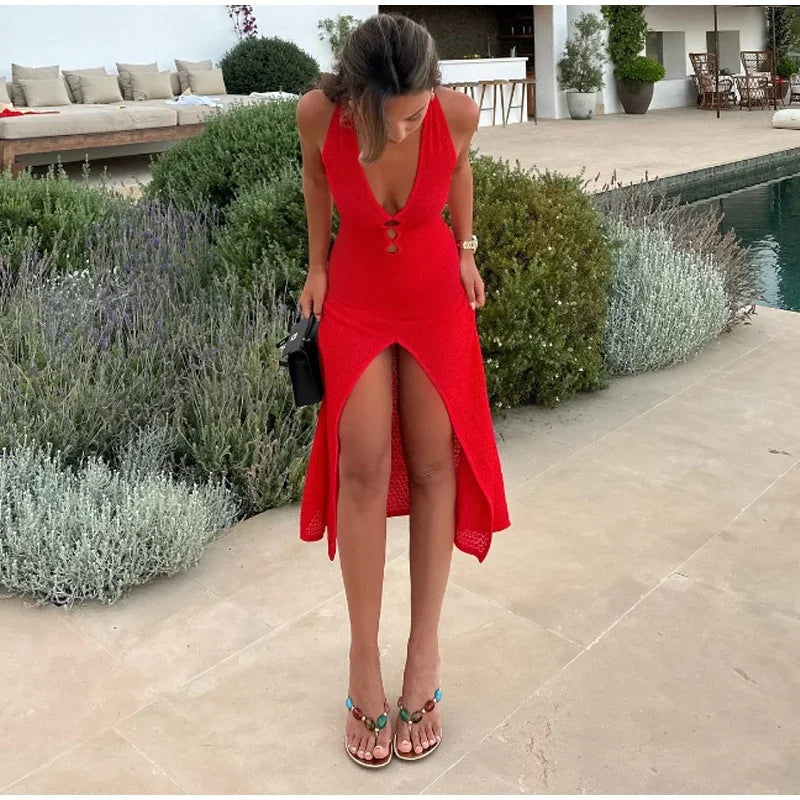 NEW Arrivals UK Size Red/Blue Color Women Sexy Summer Knit Crochet Hollow Out Long Dress Women V-Neck Sleeveless Backless Split Bodycon Evening Beach Night Club Party Ladies Dresses