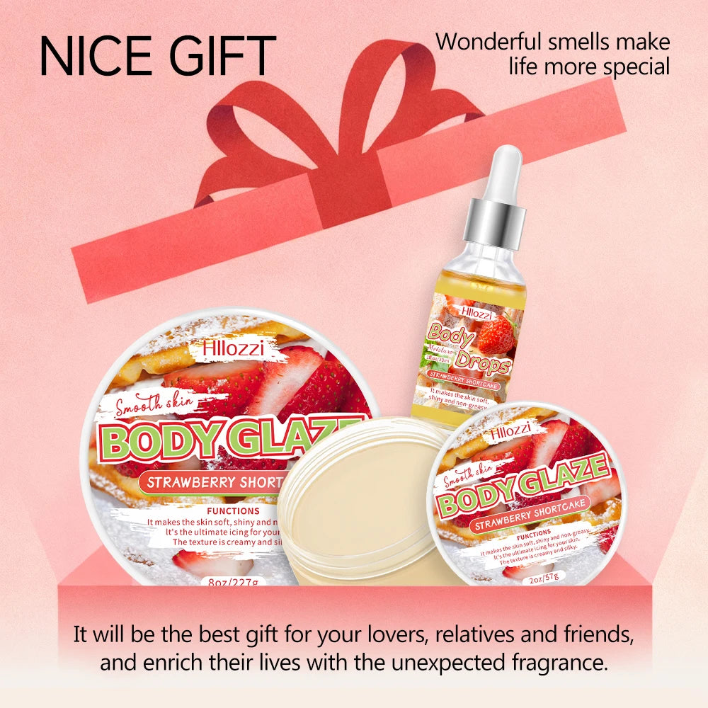 3 PCS Set Strawberry Set Includes 30 ml/1 FL OZ Body Drops and 2 oz/57 g or 8 OZ Body Glaze, Plus a Complimentary 5 ml/0.17 g Roll-On Skin Care Sets Korean Products