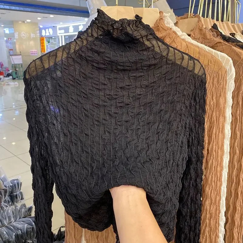 NEW Arrivals S-2XL 6 Colors European Style Polo/Turtle Neck Lace Base Layer Top Women's Long Sleeve 2021 Spring Autumn Thin Versatile Transparent Inner Top