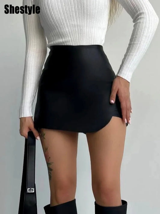 NEW Arrivals Silver/Brown/Black  Women Shorts High Waist Sexy Elegant PU  Leather Skirts Office Lady A-Line Asymmetrical Bottom Evening Party Night Clubwear Workwear Girls Sexy Apparel Accessories
