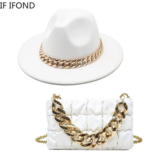 Women Oversized Chain Accessory Bag And Fedoras Hat 2-piece Sets Fashion Luxury Party Wedding Jazz Hat
