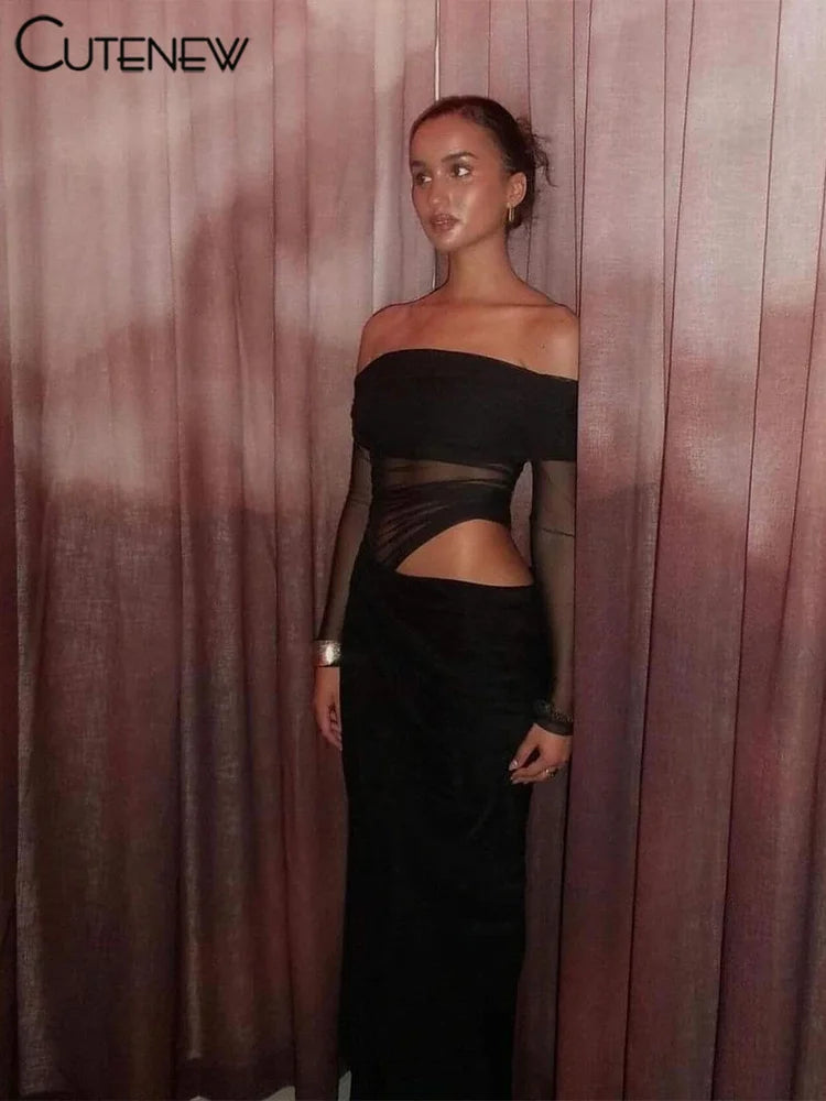 NEW Arrivals Mesh Ruched Women Maxi Dress Sexy See Through Off Shoulder Long Sleeve Sheath Midnight Clubwear Party Solid Evening Wedding Birthday Party Girls Ladies Luxury Fashion Clothing Supplies