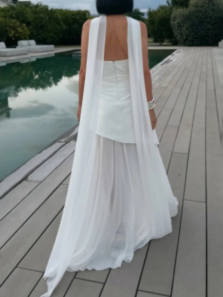 NEW Arrivals UK Size 4 Colors Italian Luxury Fashion Strapless Dress With Ribbon Female Elegant Sleeveless Mesh Evening Beach Night Club Sexy Long Dress Spring Summer Ladies Luxury Fashion Clothing Supplies