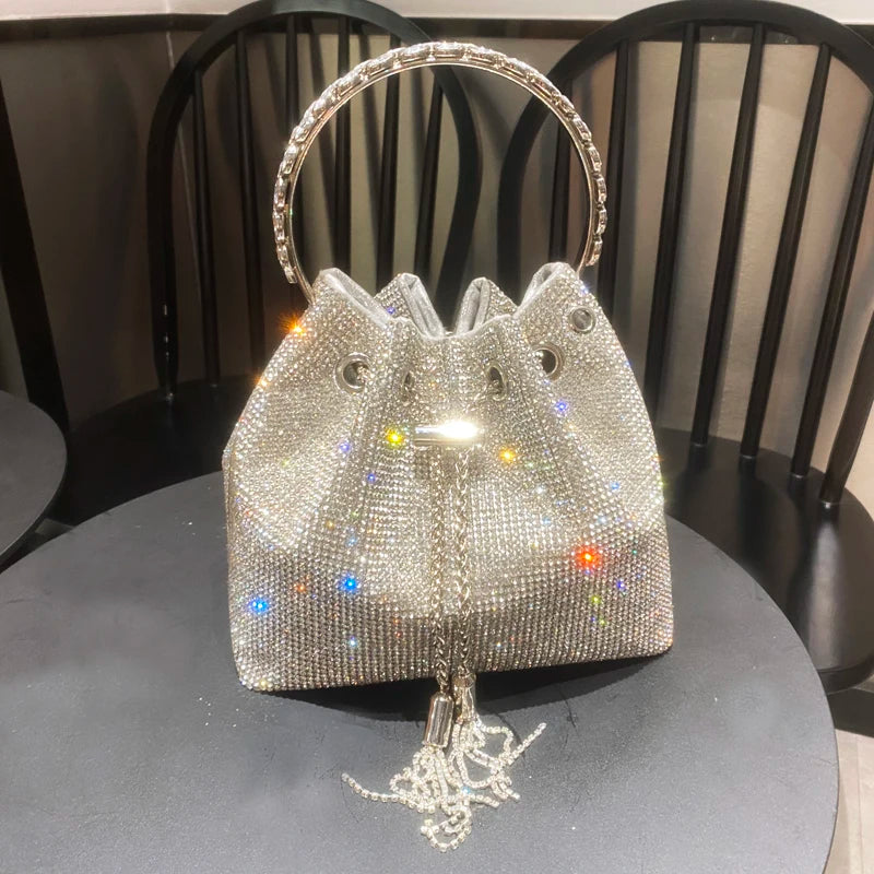 Women Luxury Designer bucket clutch purse evening banquet bag Crystal rhinestone shoulder bag