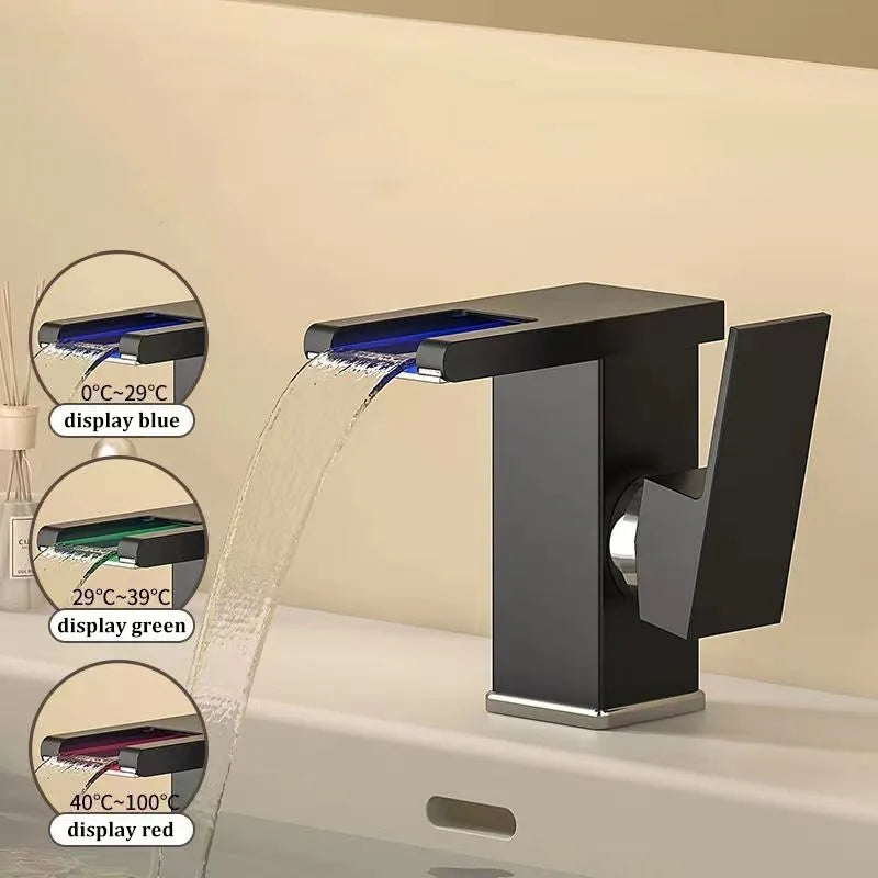 NEW Arrivals Luxury Basin Waterfall Style All-Copper LED Light Luminous Faucet Bathroom + 80cm Hot Cold Pipe Above Counter Basin Household Hot and Cold Water Faucet