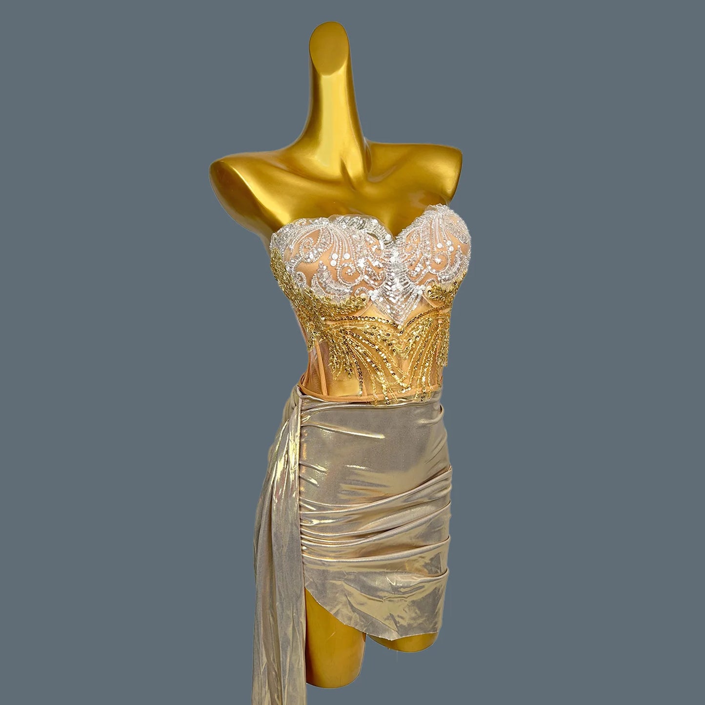 Women Glitter 2-Pieces Sets Top Short Skirt Sexy Strapless Sequins Crystal Luxury Gold Dress Design  Stage Show Outfit