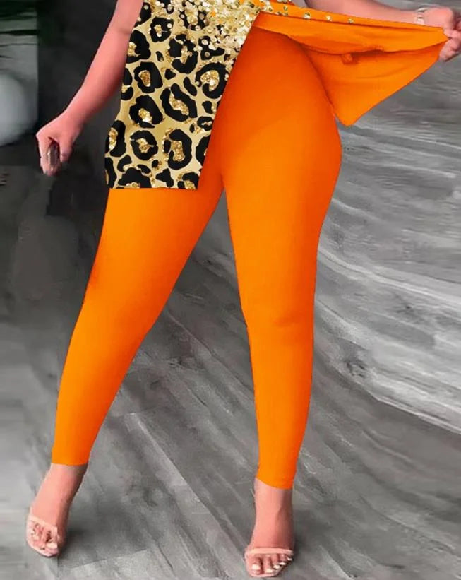 New Fashion Summer Casual 2PCS Set Women Female Evening Beach Party Night Club Outfit Contrast Leopard Skew Neck Slit Sexy Top & Pants Set Ladies Girls Luxury Fashion Clothing Supplies