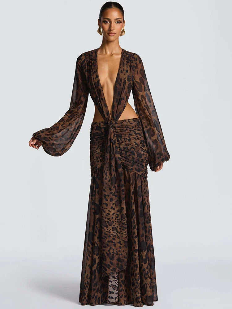 S-L UK Size 4 Colors Leopard  Long Sleeve Sexy Maxi Dress Women Fashion Hollow Out Backless Draped Ruched Bodycon Club Party Long Dress