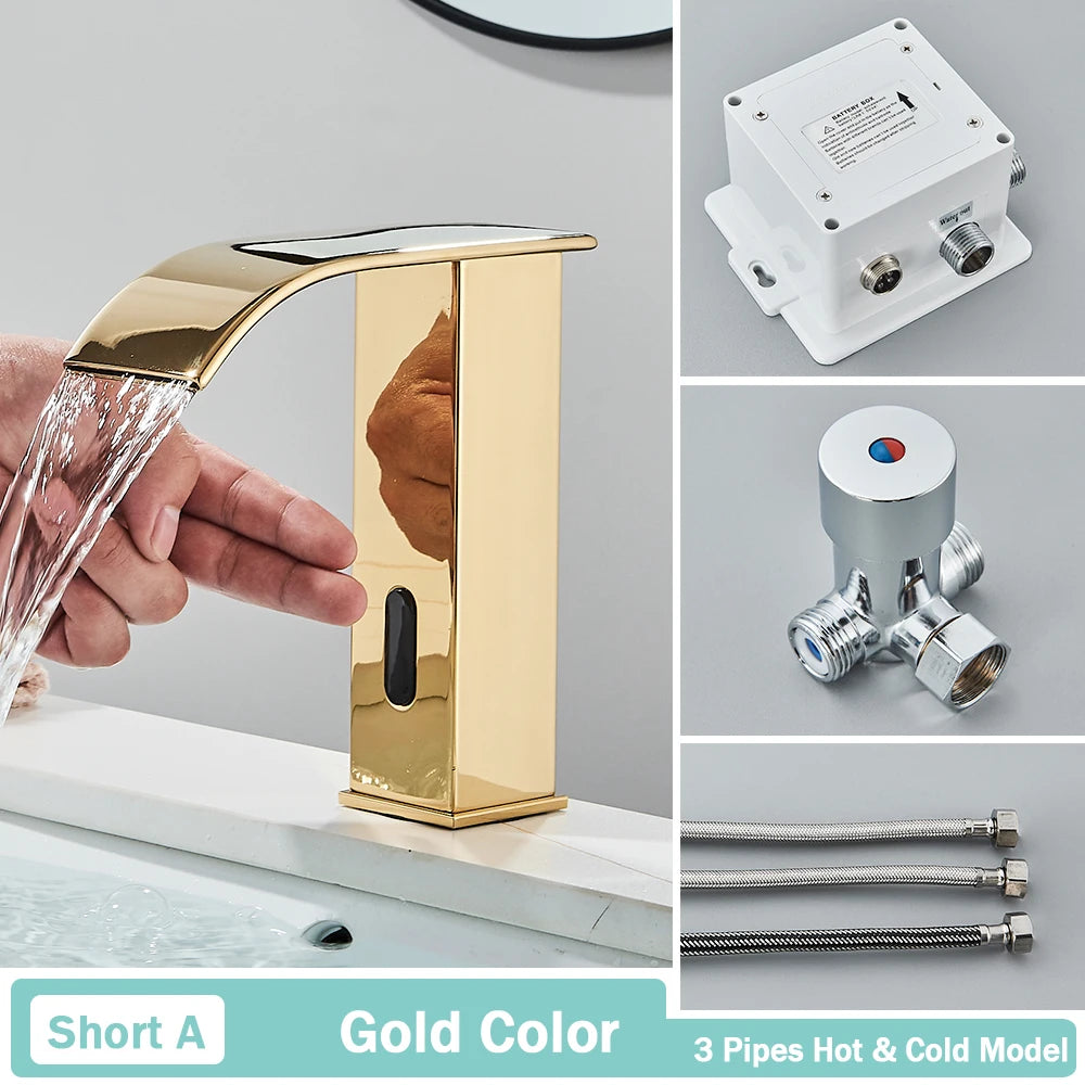 NEW Silver/Gold/ Black Color Luxury Smart Motion Sensor Bathroom Basin Faucet Touchless Automatic Sense Mixer Tap Waterfall Hot Cold Water Washbasin Crane Home Bathroom Accessories