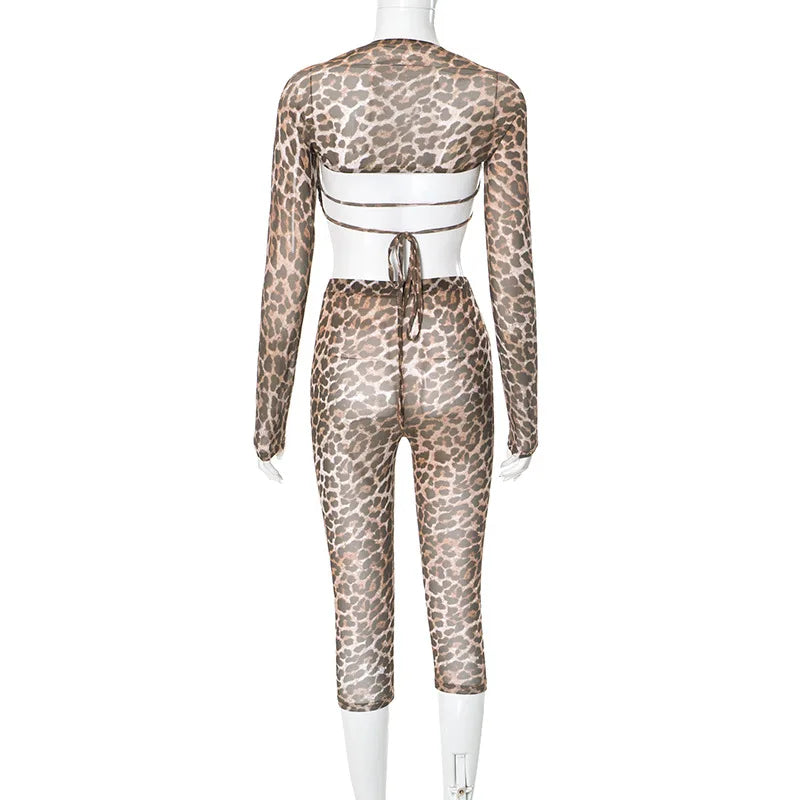 New Sexy Fashion Leopard Transparent Mesh  Long Sleeve Shawl With Lace-Up Tube Tops Perspective Sexy Pant Sets Women Clothing Evening Nightclub Party Outfits Ladies Girls Sexy Fashion Clothing Supplies