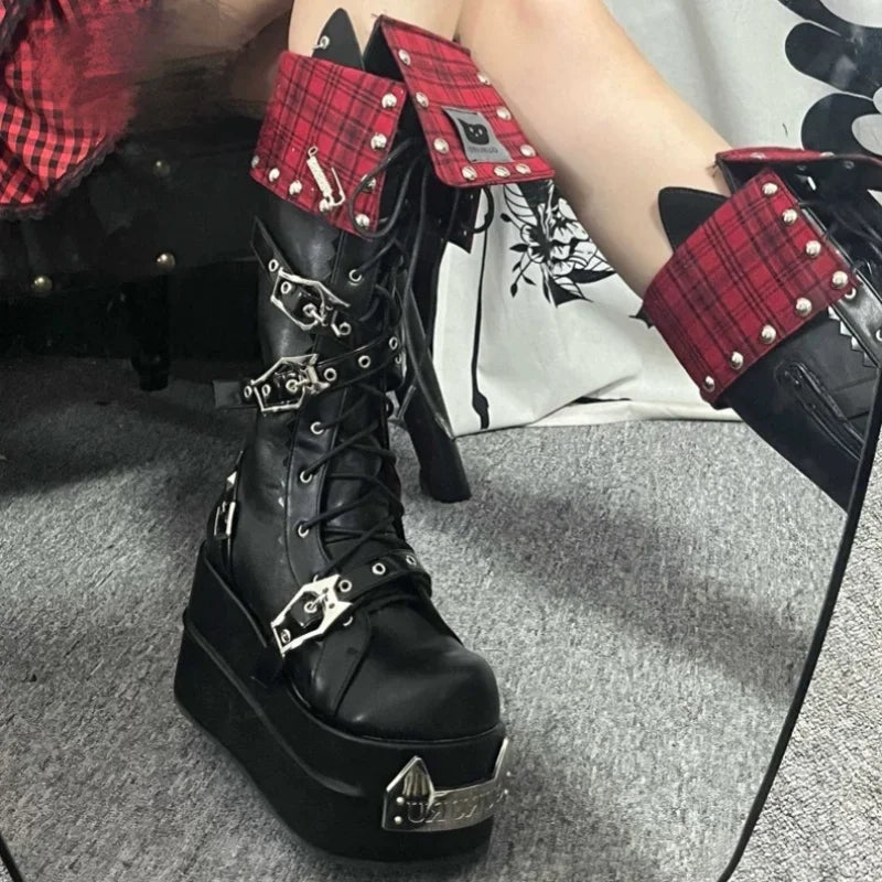 NEW Arrivals Lolita Style Leather Boots Metal Decoration Round Toe Thick Sole Platform Chunky Heel Women Girls Boots Lace Up Popular Y2K Gothic Punk Street Shoes