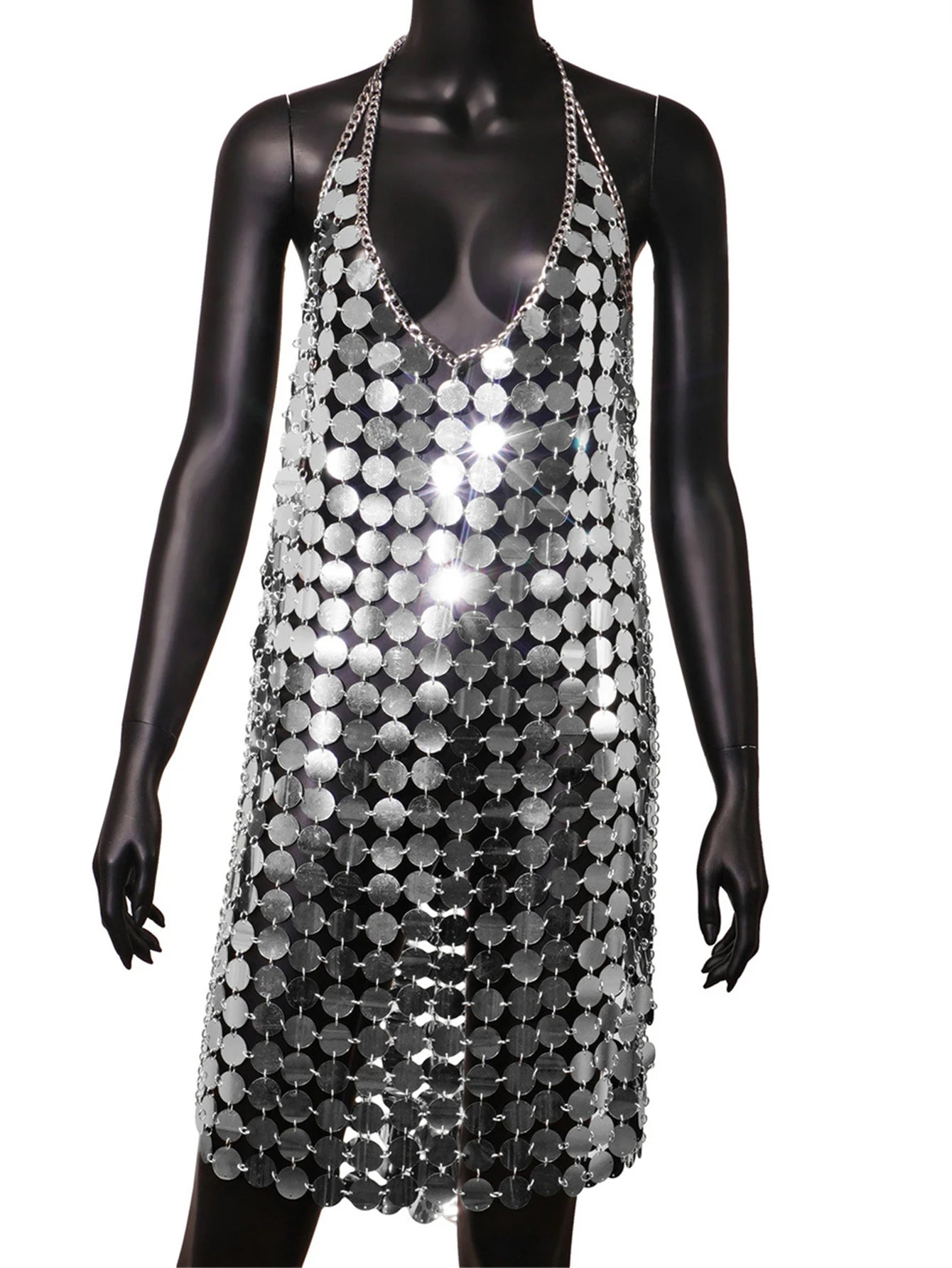 NEW Arrivals 5 Colors Sexy Backless Metal Sequin Summer Dress Women Glitter Club Birthday Party Mini Dress Woman See Through Beach Girls Ladies Sexy Fashion Clothing Supplies