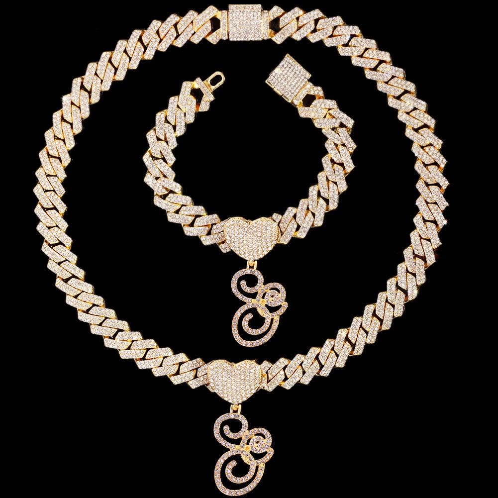 2 PCS Set New Fashion A-Z Initial Cursive Letter Luxury Rhinestones Pendant Cuban Necklace for Women Iced Out Cuban Link Chain Necklace Set Jewelry