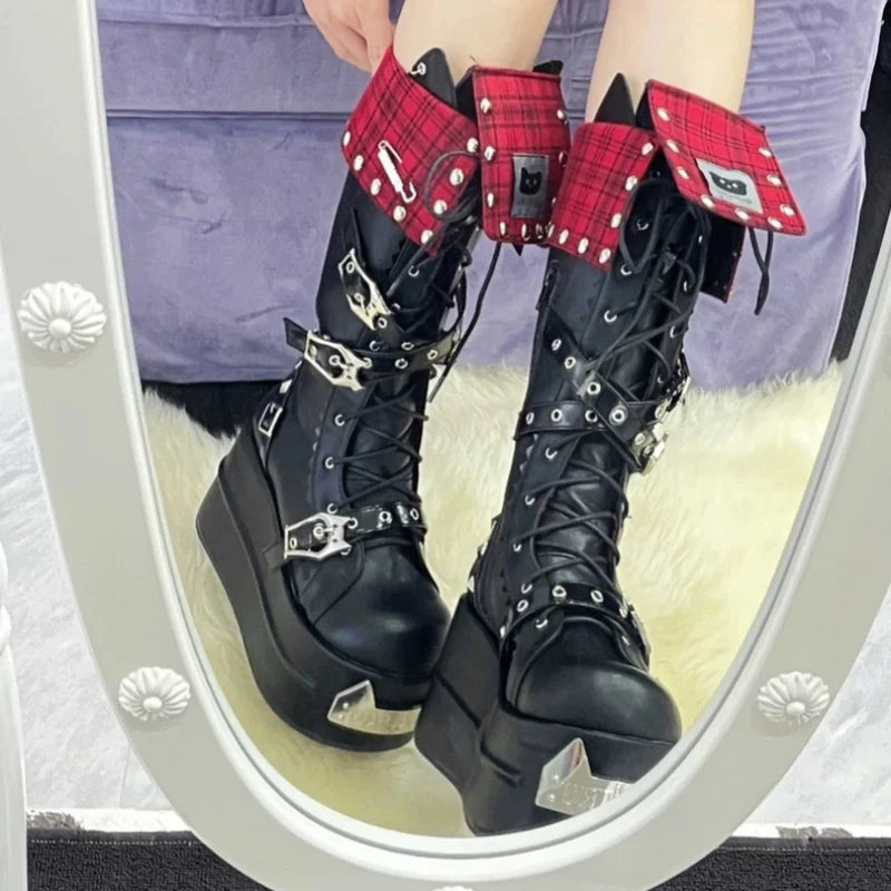 NEW Arrivals Lolita Style Leather Boots Metal Decoration Round Toe Thick Sole Platform Chunky Heel Women Girls Boots Lace Up Popular Y2K Gothic Punk Street Shoes