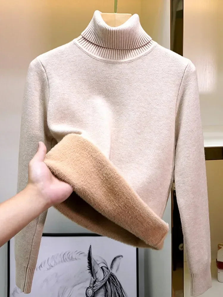 NEW Arrivals Sweater For Women Winter Thicken Turtleneck Slim Knit Pullover New Warm Plush Velvet Lined Knitwear Jumper Tops Casual Female Girls Luxury Fashion Clothing Supplies