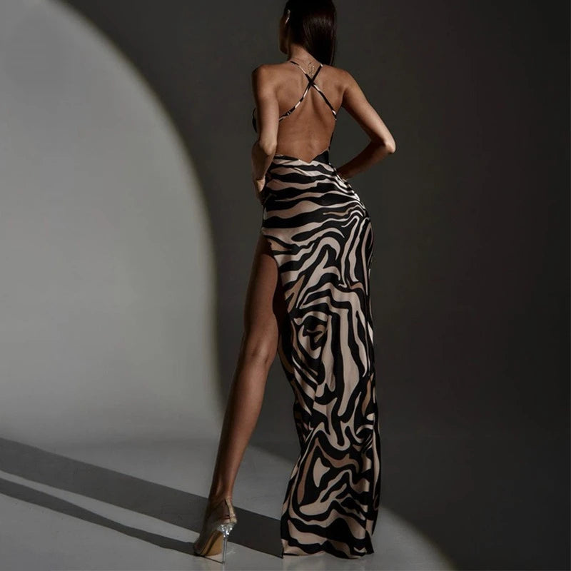 NEW Summer Lace Backless Evening Party Sexy Dress Women Fashion New Elegant Split Zebra Night Clubwear Dresses Y2k Slim Fit Lady Straps Dress