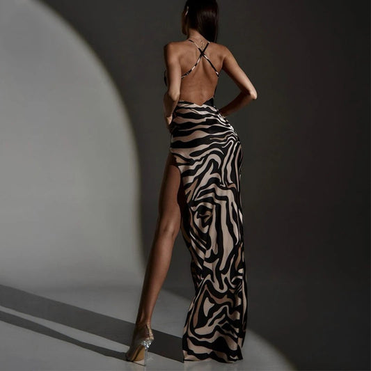 NEW Summer Lace Backless Evening Party Sexy Dress Women Fashion New Elegant Split Zebra Night Clubwear Dresses Y2k Slim Fit Lady Straps Dress