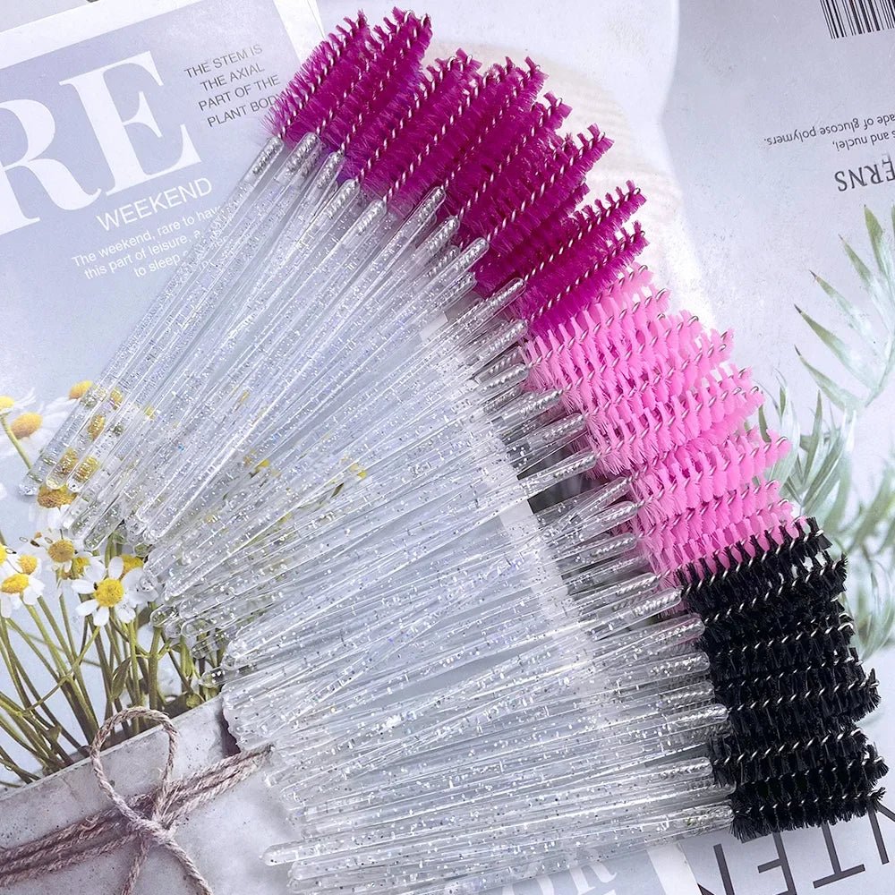 NEW Arrivals 500 PCS Set Eyelashes Brush Crystal Diamond Handle Make-Up Brush Mascara Wands Eyelash Extension Tool Supplies Applicator Spoolers Women Girls Cosmetic Accessories