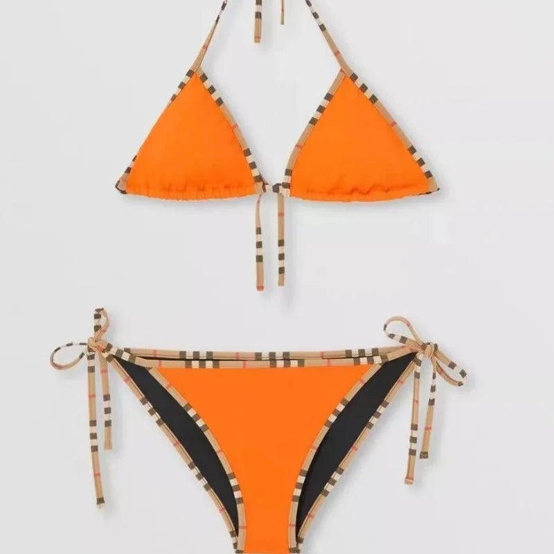 Women's Sexy Solid Color Bikini Adjustable Lace-Up Swimsuit Summer Brazilian Beach Swimsuit Triangle Halterneck Bikini Set