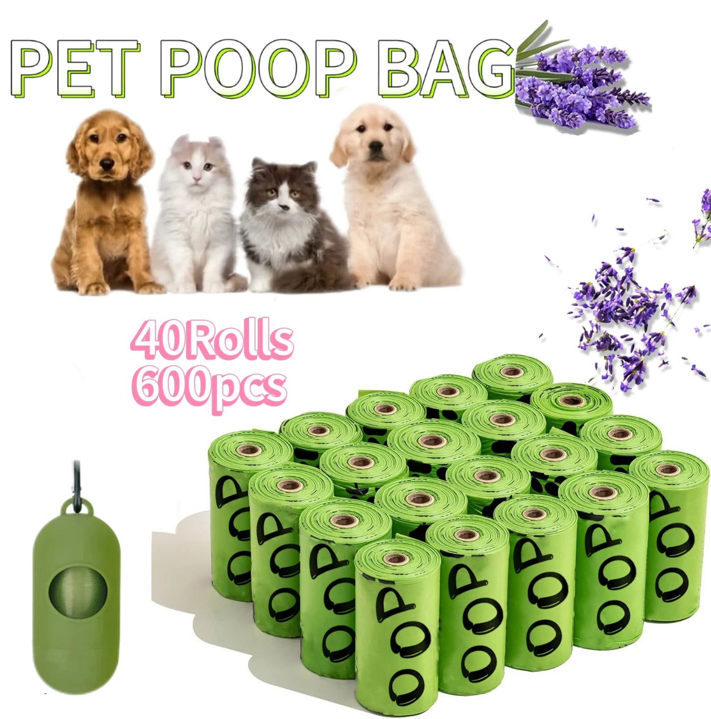 300/600 PCS Set (20-40 Rolls) EPI Biodegradable Dog Poop Bags Lavender Scented Pet Poop Bags With Holder Extra Thick Leakproof Dog Poop Bags With Dispenser Pets Outdoor Cleaning Supplies