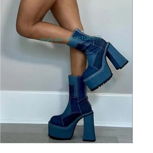 Denim Platform Chunky High Heel Blue Zip Boots Women Round Toe Cute Ankle Booties Lady Dress New Shoes 2022 New zapatillas mujer