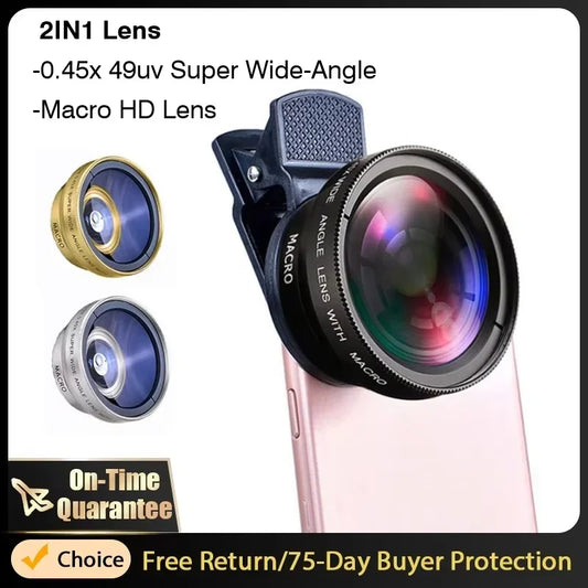 NEW Arrivals 2 IN 1 Lens Camera Universal Clip 37mm Professional 0.45x 49uv Super Wide-Angle Macro Lens For iPhone 15 12 Samsung Huawei Xiaomi