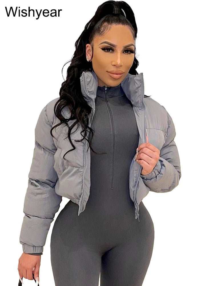 S-2XL UK Plus Size 3 Colors Winter Thick Warm Cotton Down Jacket Women Clothing Gray Zipper Short Puffer Parkas Coats Outwear Female  Crop Tops Streetwear