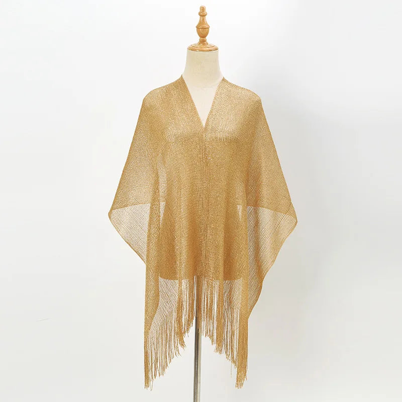 NEW Arrivals Black/Gold Fashion Bright Silk Sunscreen Shawl Hijab Gold  Shiny Scarves For Women Lace Tassel Party Evening Dress Scarf